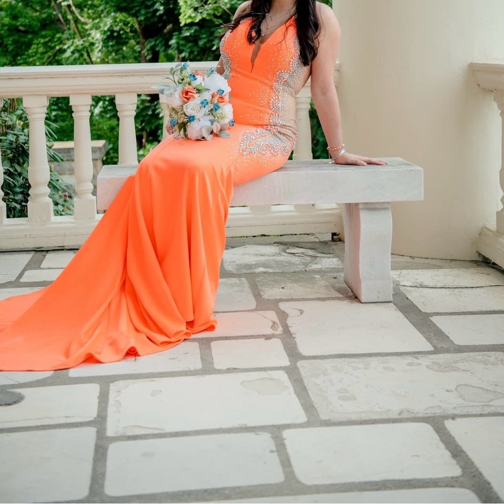 Johnathan Kane prom dress. Coral in color with iridescent beading.
